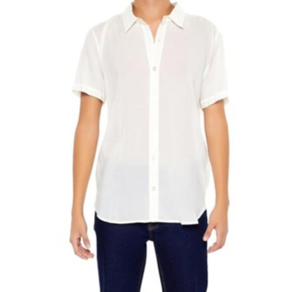 Forever 21 Men’s White Lyocell Dolphin-Hem Short Sleeve Button-Up Shirt S